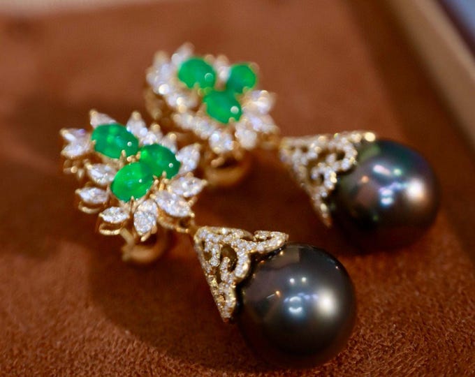 11mm 18k gold deep Black Saltwater Pearl Earrings/Emerald pearl wedding dangles with diamond/Certified Pear handmade earrings anniversary