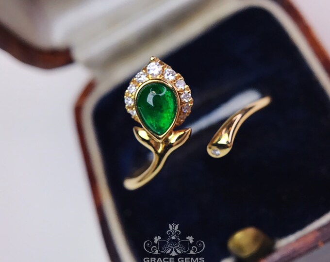 Pear Genuine Emerald Engagement Wedding Ring in 18k gold with Diamonds/emerald gemstone made/one of a kind gift/Art Deco promise git for her