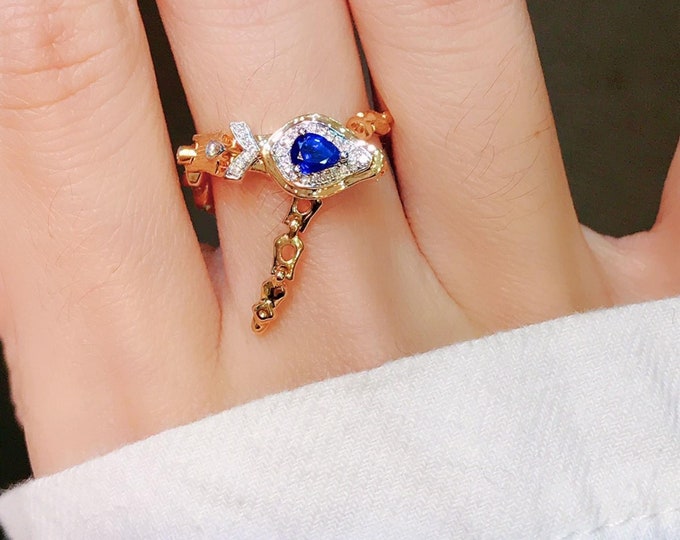 18k gold snake shape natural blue sapphire ring pendant/Multi-function jewelry/snake biting buckle ring with diamond/Unique designer ring