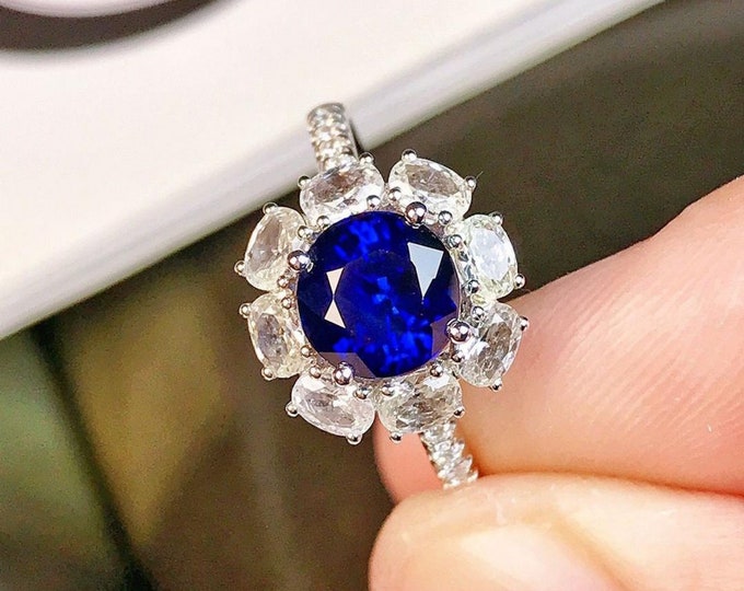 Luxurious 18k white gold natural sapphire engagement ring/Diamonds halo sapphire ring/handmade blue sapphire wedding ring/Unique sapphire