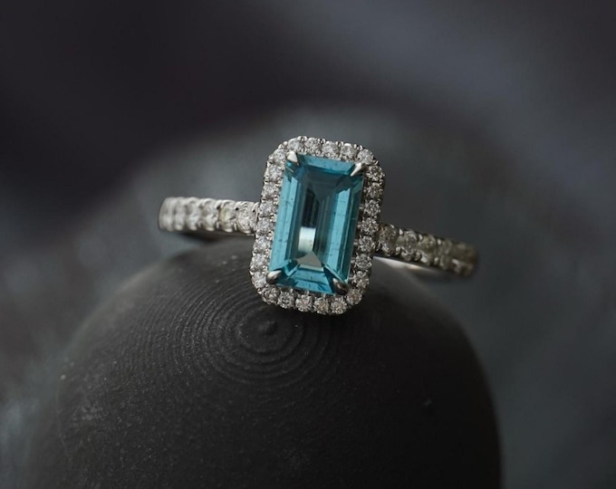 Emerald Cut Natural Santa Maria Aquamarine Ring: Diamond Halo,18k White Gold, Real Santa Maria jewelry/handmade fine jewelry for anniversary