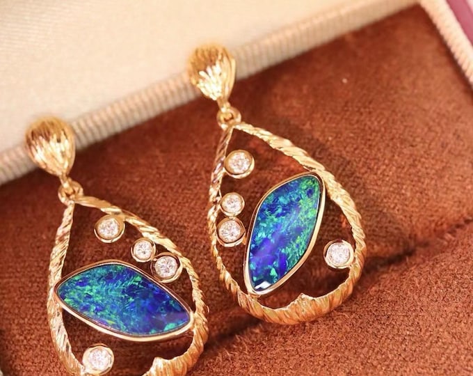 unique Australian opal dangle drops in 18k rose gold/High end vivid blue opal with sealed backs/Diamond opal earrings birthday anniversary