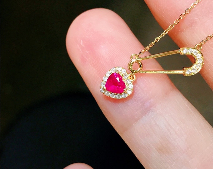 18k Gold Real Heart Ruby Pendant and diamonds/Natural Ruby Necklace/Vintage ruby choker/Vintage Ruby Necklace/Antique ruby pendant Necklace