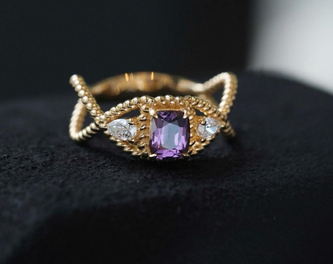 Lavender Spinel Ring 18K Gold • Natural Diamond Accent Ring • Unique Vintage-Inspired Spinel Engagement Ring/ Cushion Cut Spinel Ring