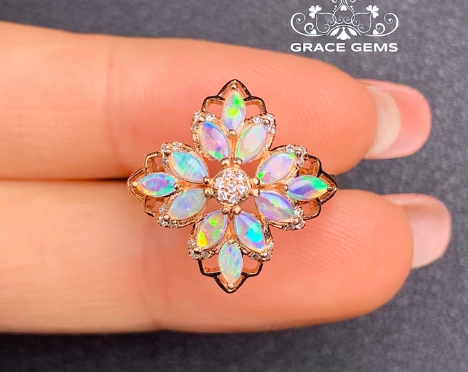 Snowflake Natural Ethiopian opal 18k rose gold ring with Diamonds/Multi-stone Engagement Wedding ring/Raw Opal ring/Mother's Day gift