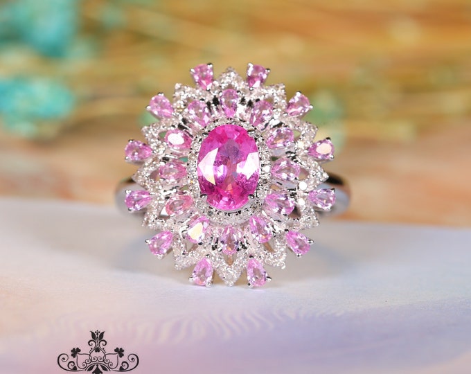 18k/14k white gold multi-stone Genuine Padparadscha sapphire engagement ring with diamonds/Pink gemstone/Vintage Antique/Art Deco/Celtic