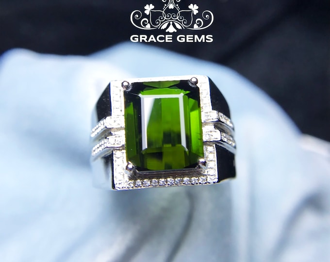 18k gold huge olive green tourmaline mens  engagement wedding ring/Masculine mens boho ring/mens promise band/Art Deco/Warrior mens ring