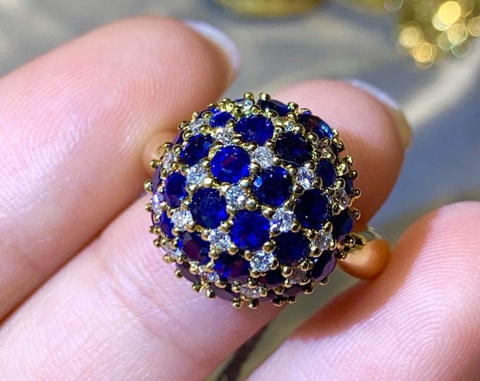 Multi-stone flower 18k gold sapphire engagement ring with natural diamonds/Royal blue sapphire ring/Vintage Antique/Art Deco/Dainty Celtic