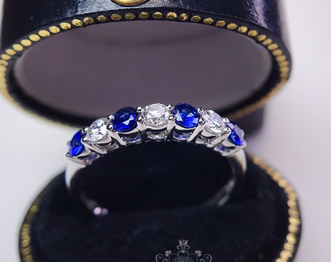 18k/14k white gold multi-stone natural certified sapphire engagement ring with diamonds/Blue gemstone/Vintage Antique/Art Deco/Boho Celtic