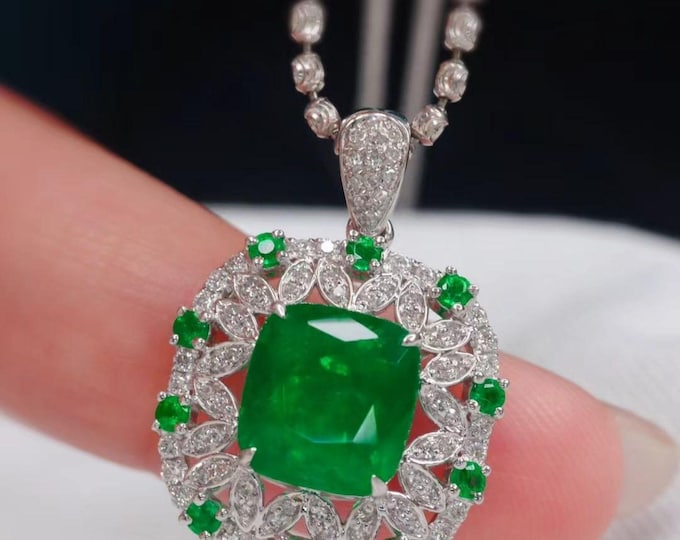 18k white gold high end natural emerald pendant/genuine emerald diamond pendant/unique necklace/Anniversary Birthday Choker/handmade jewelry