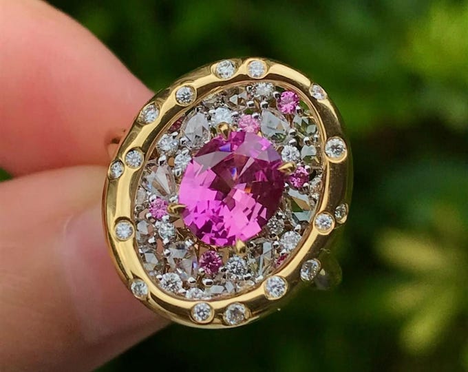 Natural Pink Sapphire Ring, 18K Gold Diamond Accent Ring with White Sapphire Details, Luxury Handmade Gemstone Engagement Ring