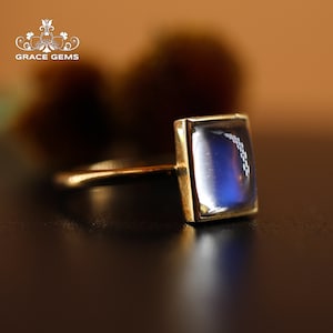 18k gold Emerald Cut Genuine Moonstone ring/Celtic vintage Engagement Wedding Ring/double color Gem band/bridal gift for her/Viking jewelry