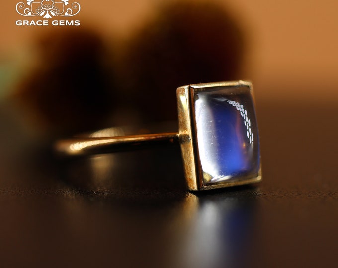 18k gold Emerald Cut Genuine Moonstone ring/Celtic vintage Engagement Wedding Ring/double color Gem band/bridal gift for her/Viking jewelry