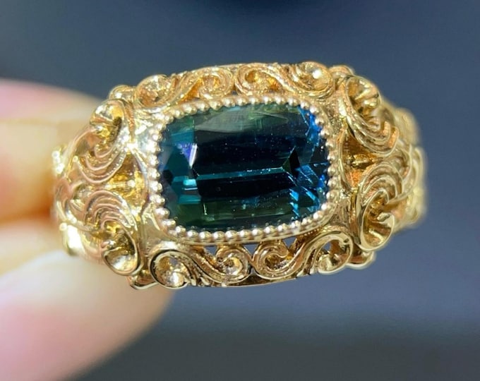 18k solid gold teal tourmaline ring/Statement tourmaline and diamond engagement ring/Art Deco/unique high end tourmaline ring/everyday wear