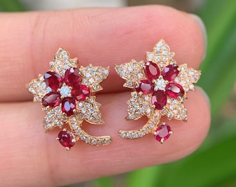Handmade 18k Rose Gold Ruby Earrings with Diamonds: Vintage Style ruby earrings/,high end gift,everyday luxury,custom fine ruby,ethical ruby