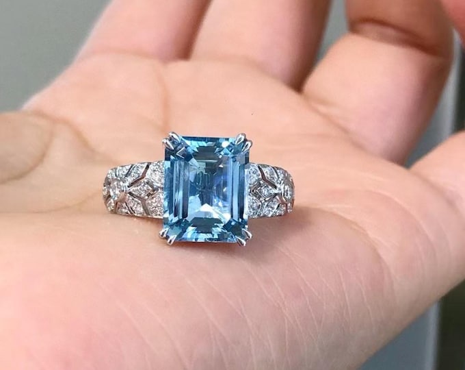 18k solid white gold natural Santa Maria aquamarine ring/Diamond paved aquamarine engagement ring/Aquamarine solitaire fine ring for women