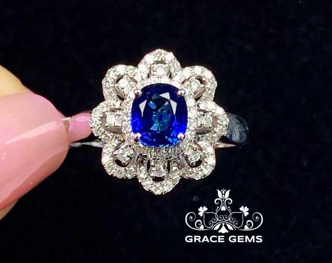 Flower 18k/14k white gold multi-stone sapphire engagement ring with big diamonds/Blue gemstone/Vintage Antique/Art Deco/Boho Celtic Unique