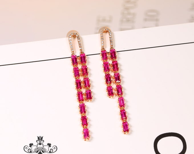Luxurious Vintage natural Ruby Engagement earrings in 18k rose gold/Chandelier earrings/gold ruby dangles/Wedding ruby earrings in diamonds