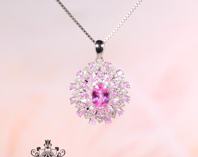 18k pink sapphire diamond pendant/Natrual Padparadscha Pink Sapphire necklace/One of a kind handmade jewelry for women/Anniversary birthday