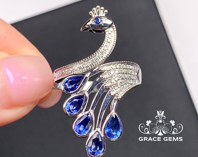 Peacock shape 18k/14k white gold multi-stone sapphire engagement ring with diamond/Blue gemstone/Vintage Antique/Art Deco/Boho Celtic Unique