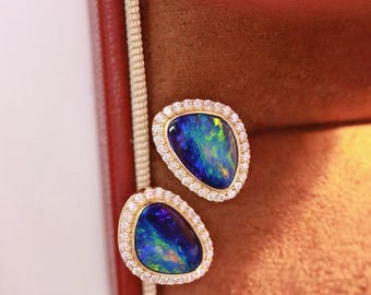 18k Rose Gold Australian Opal Earrings: Diamond Halo Studs