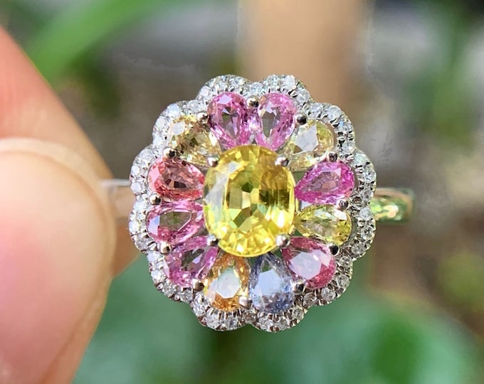 Natural Multi-stone yellow Sapphire Ring in 18k white Gold &Diamond/Multi color sapphire ring/Vintage sapphire ring/Art Deco sapphire ring