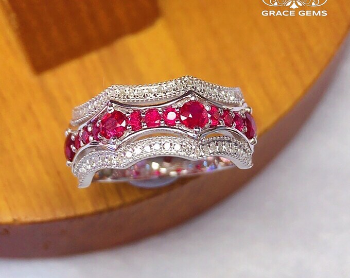18k14k Natural untreated Ruby Engagement Ring with diamonds/Multi-stone custom band/Mozambique red ruby/Natural certified ruby/Celtic Unique