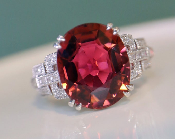 Solid 18k white gold Natural Red Tourmaline Ring with diamonds/Engagement Wedding Handmade One of a kind/Art Deco fine jewelry