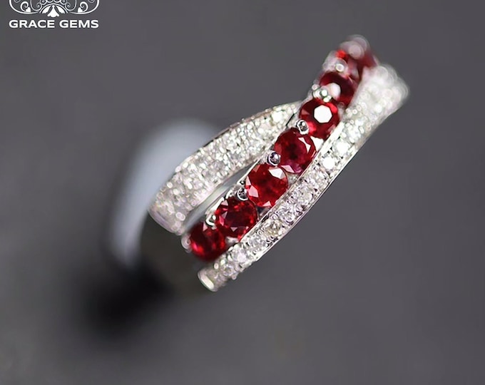 Diamond ruby band/Vintage natural Engagement wedding ring in 18k white gold&diamonds/Celtic bridal bridesmaid gift/Handmade ring for women