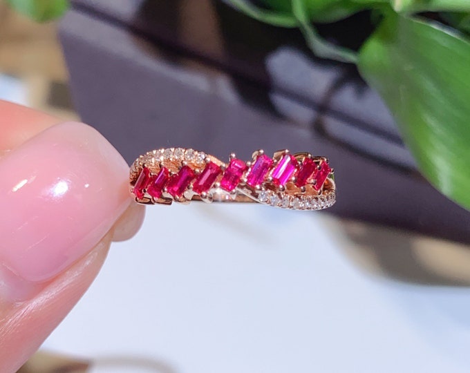 18K Rose Gold Natural Ruby Wedding band/Art Deco Ruby and Diamond Ring/Rose Gold Ruby Engagement Ring/Genuine Ruby Ring/Stackable ruby Ring