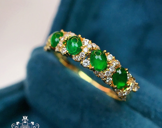 Cluster 18k Solid Gold Natural Emerald Engagement Wedding Ring with diamonds/Vintage Unique custom bridal Band/Delicate promise ring for her