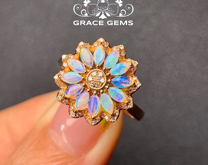 Flower Shape Marquise Natural Australian Opal Ring in 18k/14k Rose Gold Surrounded by Diamond/Mexican Fire Raw Opal/Boulder Opal Engagement