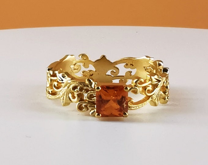 18k Gold Vintage 1 CT Orange Garnet ring/Handmade Engagement Wedding Band/Mid-century Celtic Edward Ring/Unique specialty promise gift band