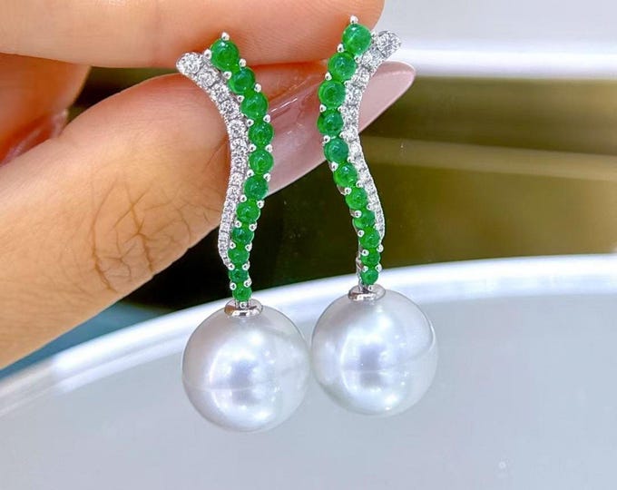 13mm Natural Australian White Saltwater Pearl Earrings/18K White Gold | Diamonds & Emeralds | Handmade Elegance real pearls earrings jewel