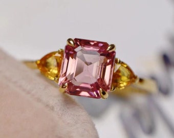 18k Rose Gold Tourmaline Ring with Citrines: Handmade Art Deco Jewelry/citrine accent pink tourmaline ring for women/unique pink tourmaline