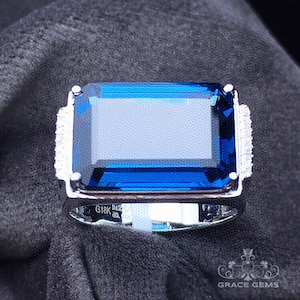 13CT Genuine Landon Blue Topaz Men&#39;s ring in 18k/14k gold/Natural Topaz engagement wedding ring with diamond/Customized band/Art Deco/Unique