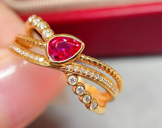 Pear Natural Mozambique pigeon blood red ruby ring/18k rose gold with diamond/Cluster ruby/Minimalist ruby ring/14k ruby trendy ring for her