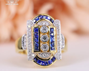 Unique Unisex 18k/14k solid white gold natural untreated royal sapphire engagement ring with diamonds/Blue gemstone/Vintage Antique/Art Deco
