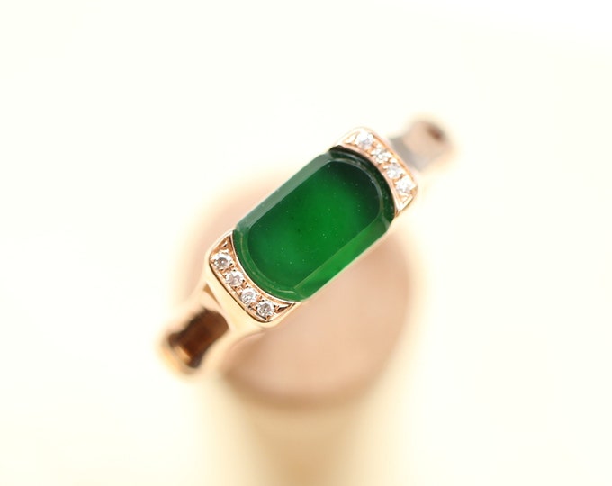 18k Solid Rose Gold Luxurious Class  Rectangle Natural Myanmar Icy Green Jadeite ring/One of a kind unique Engagement Wedding Ring/Egyptian