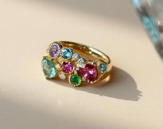 18K Rose Gold Multi-Gemstone Ring • Spinel Emerald Tourmaline Cluster Ring • Colorful Fine Jewelry • Unique Heart Cut Gem Ring