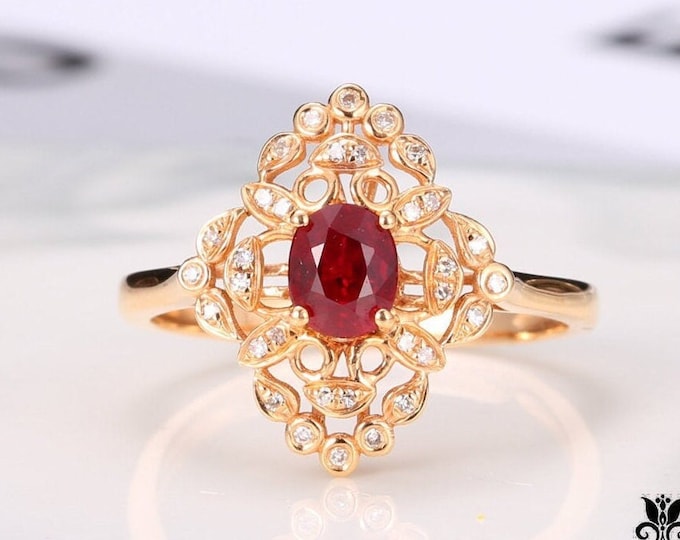 18k gold Genuine Ruby Engagement Ring with diamond/Art deco red ruby ring/Artisanal ruby ring/Victoria ruby ring/Trendy ruby ring/Dainty