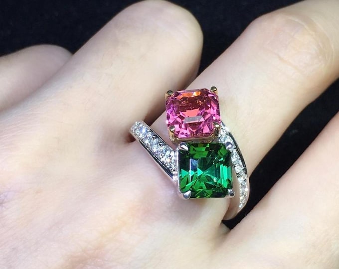 Natural green pink two tone tourmaline engagement ring/unique 18k rose gold diamond green tourmaline ring for women/bridal jewelry/boho band