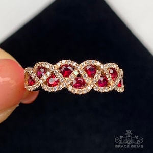 18k rose gold ruby ring/Real ruby ring in diamonds/Cluster ruby band/Vintage ruby engagement ring/Natural ruby wedding band/Art Deco promise