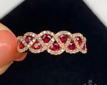 18k rose gold ruby ring/Real ruby ring in diamonds/Cluster ruby band/Vintage ruby engagement ring/Natural ruby wedding band/Art Deco promise