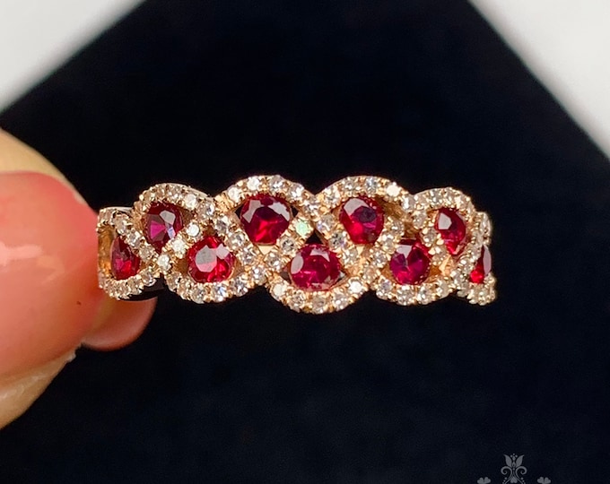 18k rose gold ruby ring/Real ruby ring in diamonds/Cluster ruby band/Vintage ruby engagement ring/Natural ruby wedding band/Art Deco promise