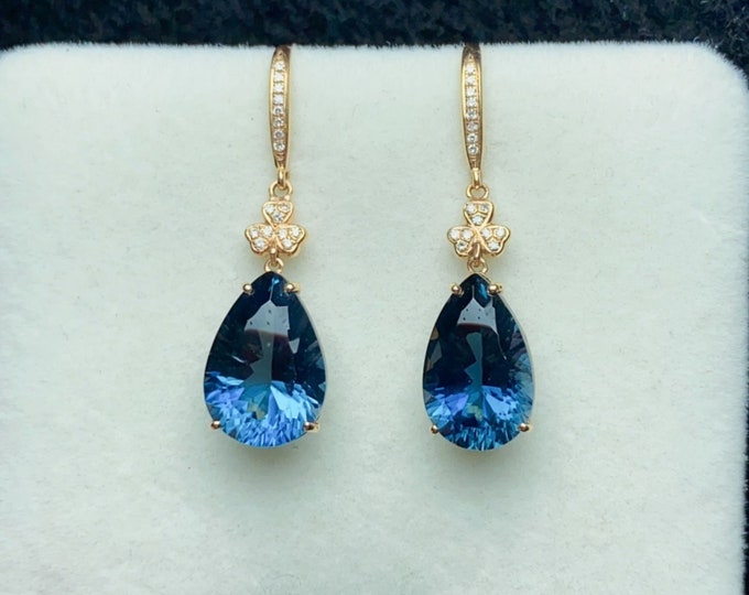 Unique Natural London Blue Topaz earring in 18k Rose Gold/Anniversary Topaz dangles/Topaz birthstone earrings/topaz teardrop earrings gold