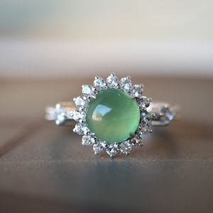18k Solid White Gold Natural Icy Green Myanmar Type A Jadeite Jade ring/High End Real Unique Engagement Wedding Ring/Egyptian Viking ring/