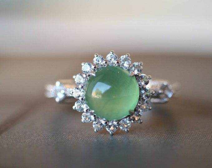 18k Solid White Gold Natural Icy Green Myanmar Type A Jadeite Jade ring/High End Real Unique Engagement Wedding Ring/Egyptian Viking ring/