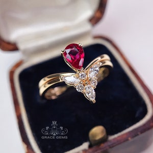 18k solid rose gold marquise ruby engagement ring/V shape curvy ruby ring with diamonds/Ruby and diamond ring/Ruby stackable ring for women