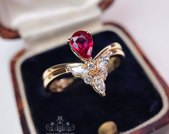 18k solid rose gold marquise ruby engagement ring/V shape curvy ruby ring with diamonds/Ruby and diamond ring/Ruby stackable ring for women